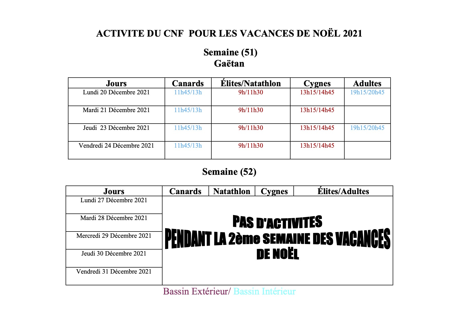 ACTIVITÉS DU CNF PENDANT LES VACANCES DE NOËL