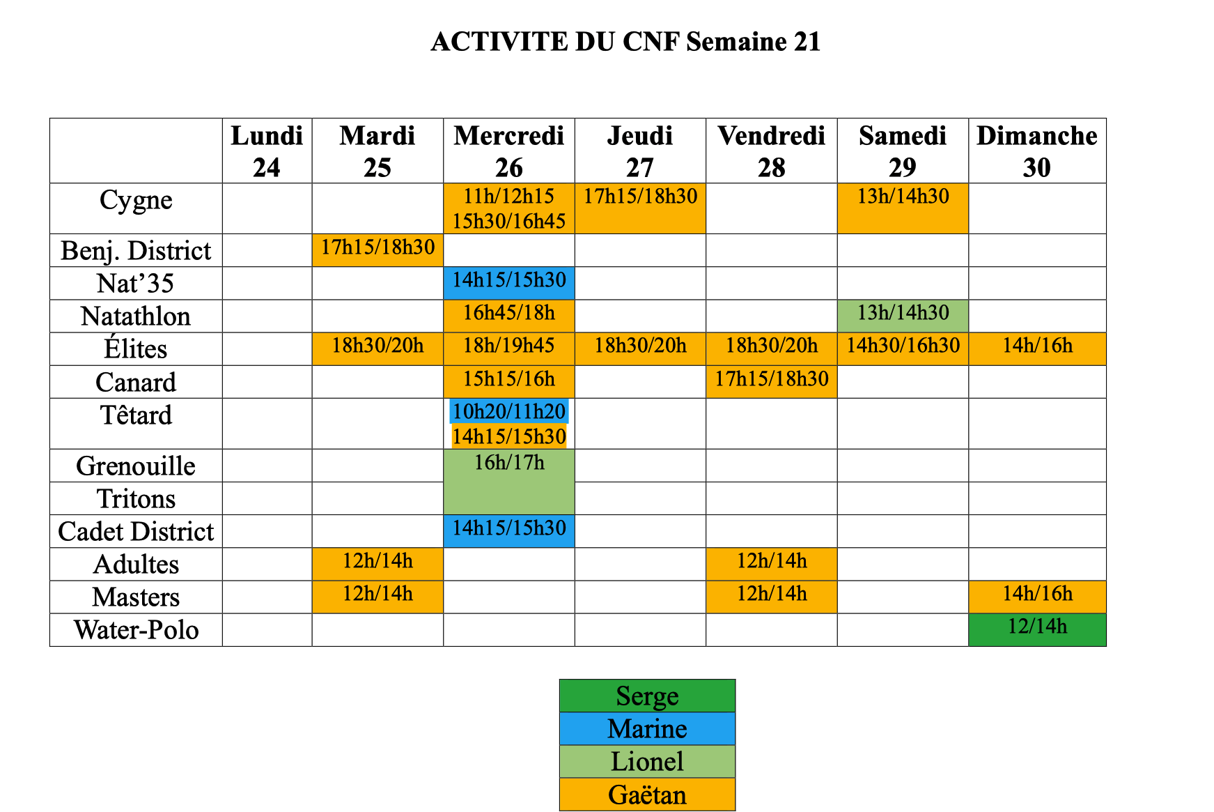 Horaire semaine 21